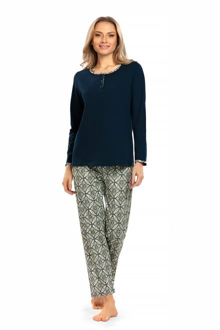 Ascafa - Dames Pyjama - 100% Katoen - Donkerblauw - Maat 46