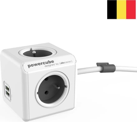 Allocacoc PowerCube Extended Duo USB - 1.5 meter kabel - Wit/Grijs - 3 stopcontacten - 2 USB laders - Type E met aardepin (België\/Frankrijk)