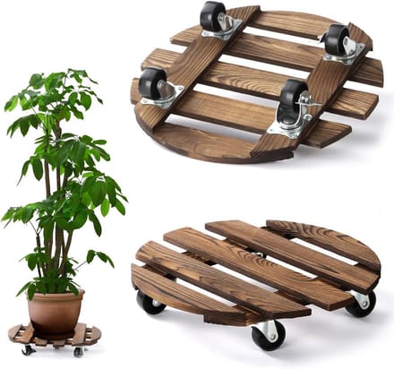 Set van 2 Plantenrollers Rond 30 cm Hout met Wielen voor Binnen en Buiten