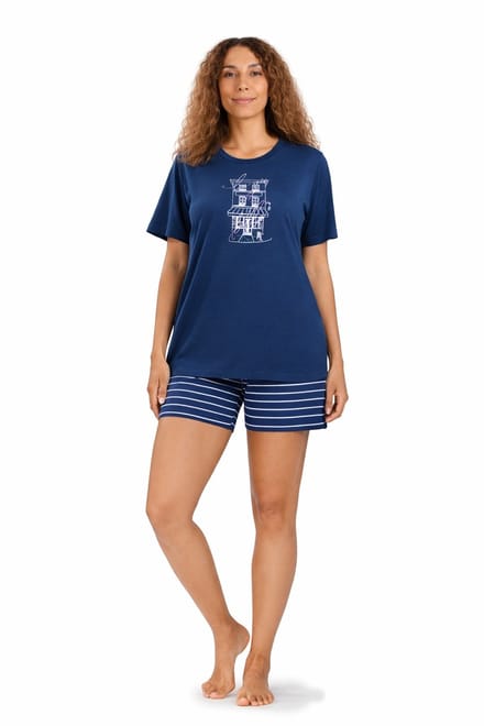 Comtessa - Dames Shortama - Zomer Pyjama - Katoen - Blauw - Maat 36