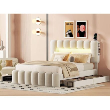 ModernLuxe Fluweel gestoffeerd bed - 140x200cm - 4 lades + LED + Oplaadpoorten + Lezer - Beige