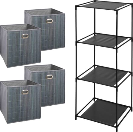 5Five Opbergrek Smartrack - met 4x mandjes stof/bamboe - grijs - 34 x 98 cm