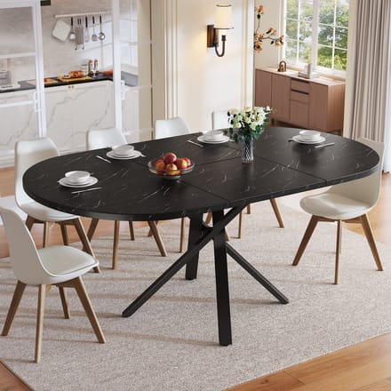 MODENUIT Eettafel - Uitschuifbaar Met Marmerlook Blad - Voor Keuken En Eetkamer - MDF Metaal - Zwart - 100-140 Cm