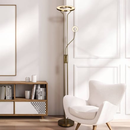 Searchlight LED vloerlamp Mother & Child, gesatineerd messing, leeslamp