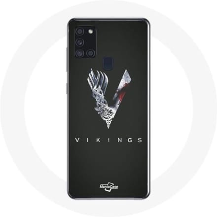 Coque pour Samsung Galaxy A21S Vikings Série Saison 6 logo V Epée Gris Fond Noir