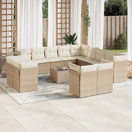 vidaXL - 14-delige - Loungeset - met - kussens - poly - rattan - beige
