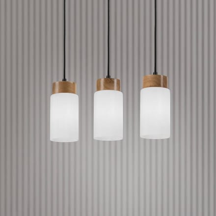 Lamkur Markus hanglamp, opaalglas/eikenhout, lengte 60 cm 3-lamps.
