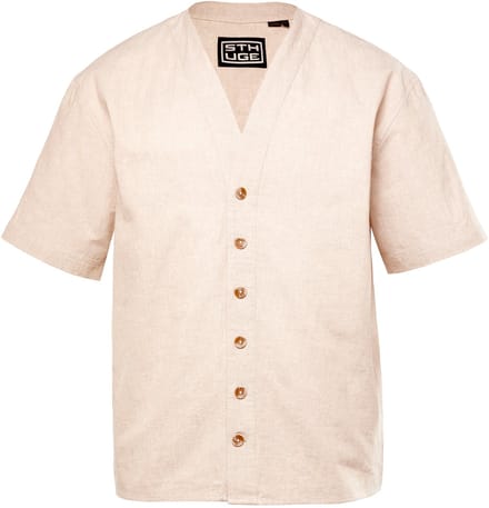 STHUGE - Heren - Linnenlook-overhemd halflange mouwen boxy oversized fit - Beige - Maat L