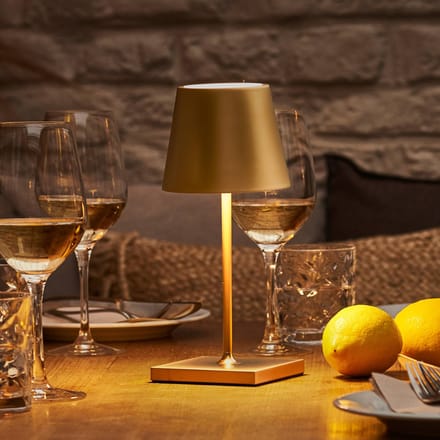 Sigor Nuindie mini LED oplaadbare tafellamp, USB-C, goud, IP54, dimbaar