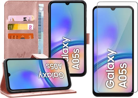 Hoesje geschikt voor Samsung Galaxy A05s - Screenprotector Glas - Portemonnee Book Case Rosegoud