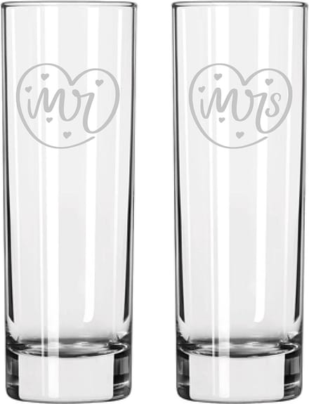 Gegraveerde set longdrinkglazen 22cl Mr. In hartje - Mrs. In hartje