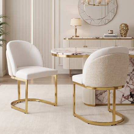 PHOEBE CAT Eetkamerstoel - Set van 2 - Chenille - Metalen poten - Beige + Goud