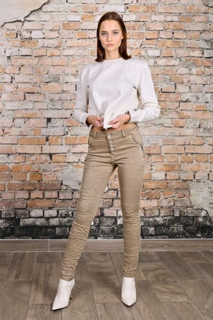 Toxik3 Dames Jeans, Taupe 5 Button Jeans, High Waist, Stretch Denim, Kreukelstof, 5-Knoopssluiting XS