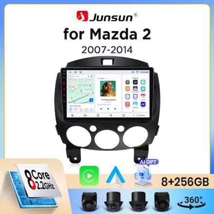 Junsun draadloze CarPlay Android Auto autoradio voor Mazda 2 Mk2 (DE) 2007-2014 met ingebouwde koelventilator, Android GPS navigatie, multimediaspeler, WiFi, DSP, RDS, BT, SWC, IPS touchscreen,