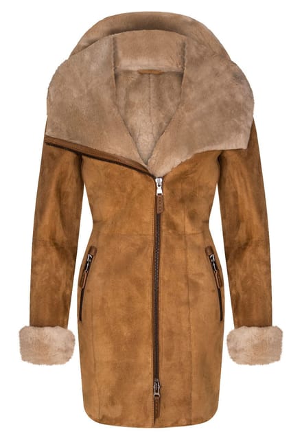 Dames merino schapenvacht jas met capuchon-antiek
