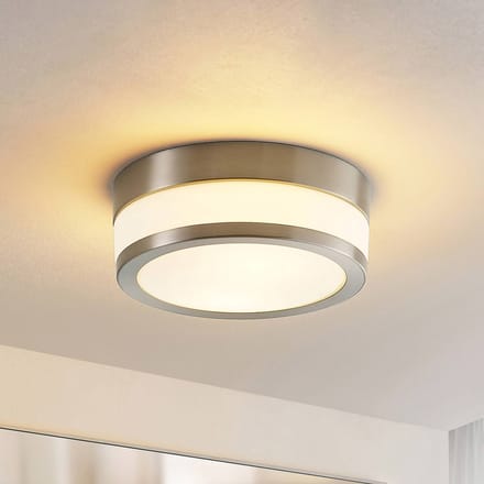 Lindby - Plafondlamp badkamer - 2lichts - Glas, metaal - H: 9 cm - E27 - opaalwit, mat nikkel