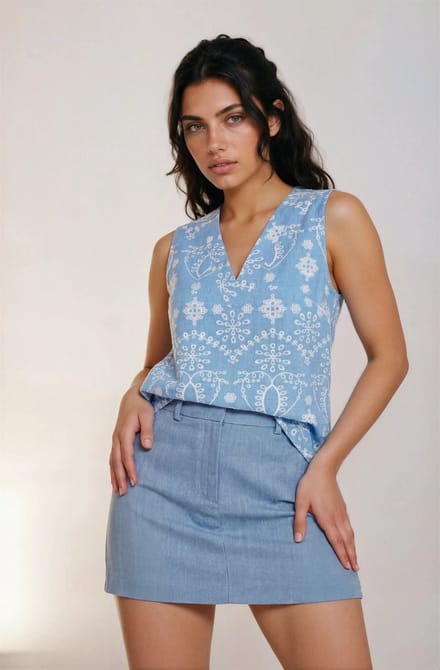 MI PIACE - Travel Top Mouwloos Print Denim Embroidery 2425 Bleached - Maat : XS
