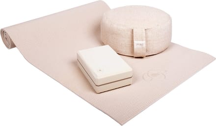 Starterspakket yogamat sand, jute meditatiekussen en crème blok