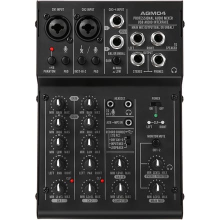 Mini console de mixage 4 canaux, mélangeur audio numérique, égaliseur 2 bandes, alimentation fantôme 48 V intégrée, 5 V black