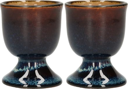 Cosy & Trendy Eierdopje - 2x stuks - porselein - blauw/bruin - 5 cm - eierdopjes