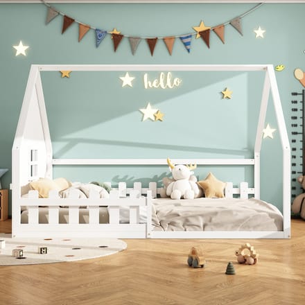Vlak bed, 140*200 cm, kinderbed, veiligheidshekje, leuning, grenenhout, wit