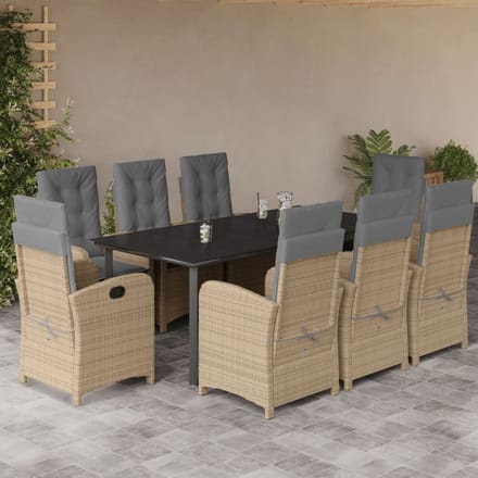 vidaXL - 9-delige - Tuinset - met - kussens - poly - rattan - gemengd - beige