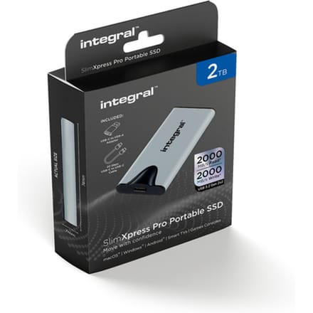 Integral SlimXpress Pro INSSD2TPORT3.2SLIMXS externe solide-state drive Thunderbolt technologie 2 TB USB Type-C USB 3.2 Gen 2x2 Zilver