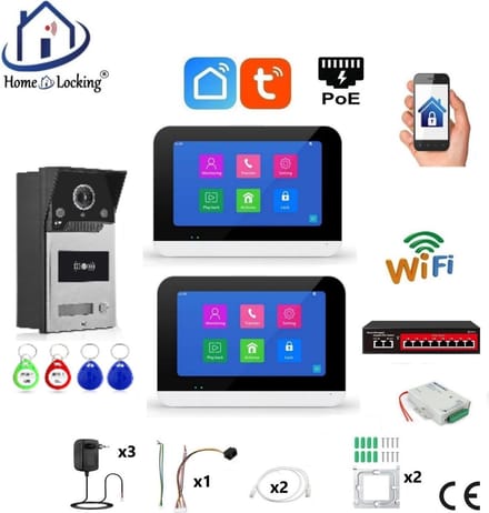 Smart WIFI deur intercom/videofoon touchscreen met bediening via Smart Life APP werkt met Alexa en Google spraaksturing. T-2302V-1-2