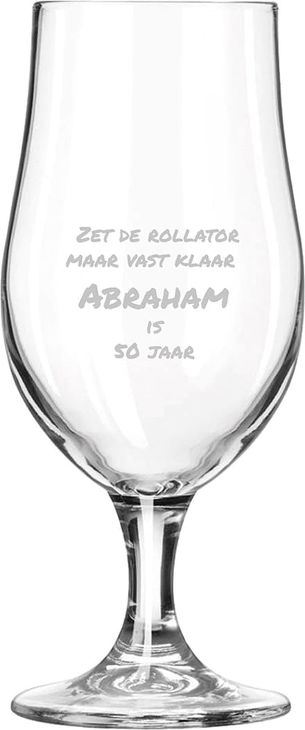 Gegraveerde bierglas op voet 49cl Zet de rollator maar vast klaar abraham is 50 jaar