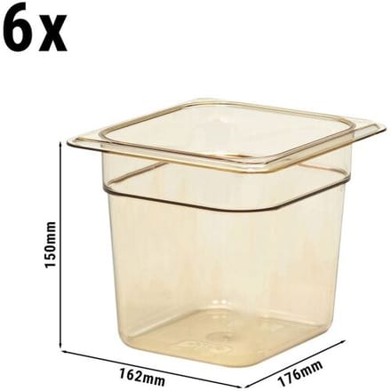 (6 stuks) CAMBRO H-PAN™ - Hittebestendige Gastronormbak 1/6 - Amber - Hoogte: 150mm