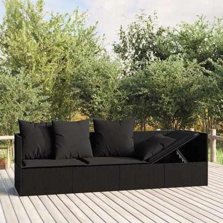 vidaXL - Loungebed - met - kussens - poly - rattan - zwart