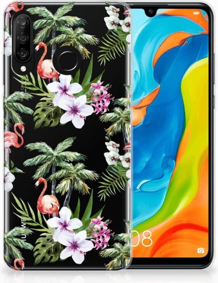 Huawei P30 Lite TPU Hoesje Flamingo Palms