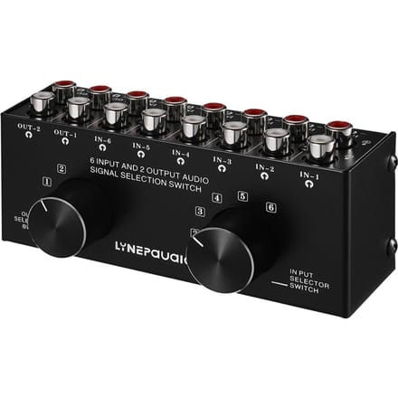 6-in-2-uit audioschakelaar Tweeweg audiosignaalselectiebox splitterdistributeur met RCA-ingangen en