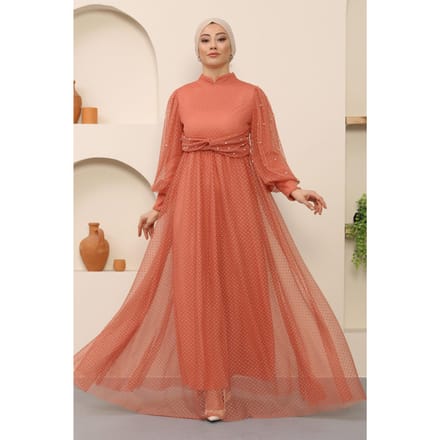 Parel Detailed Tule Avondjurk Zalm