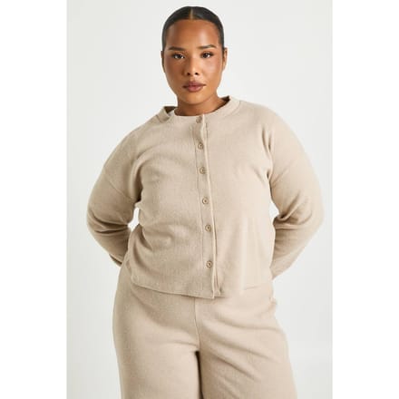 boohoo Dames Plus-knop Voorkant Gebreide Zachte Rib-top | Steen | Maat: 50