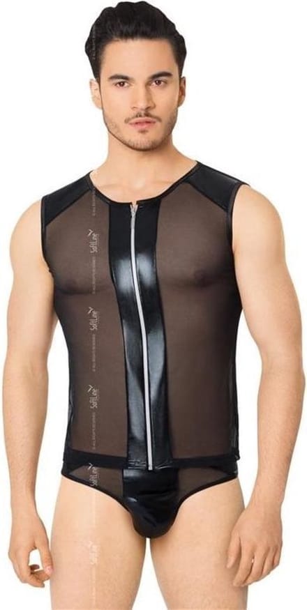 Netstof heren shirt en string met wetlook details zwart XL