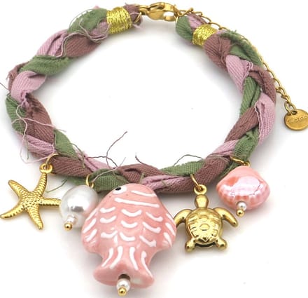 Armband - koord - RVS bedels - 16-21 cm - roze-groen
