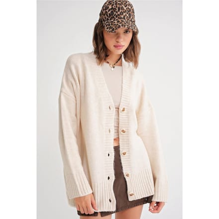 Geknoopte V-hals Geribbelde Brei Cardigan
