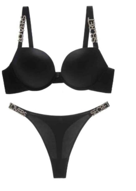 Beha set 20013 - Push up - Effen glanzend met steentjes - 85C zwart
