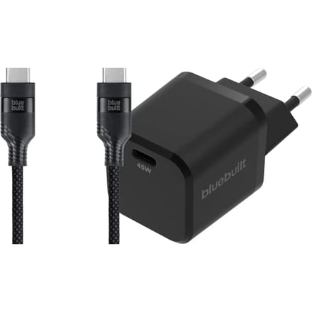 BlueBuilt Power Delivery Oplader 45W + Usb C Kabel 1,5m Nylon Zwart