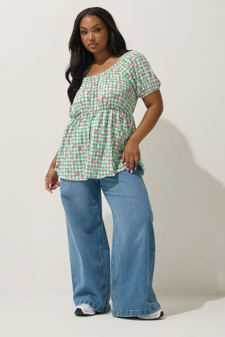 Limited Collection Gingham Top Met Bardothals En Bloemenmotief In Groen Size 46