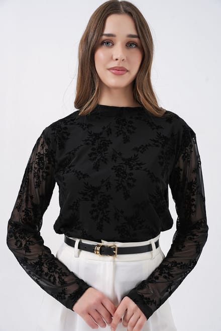 Geprinte Flock Crew Neck Blouse