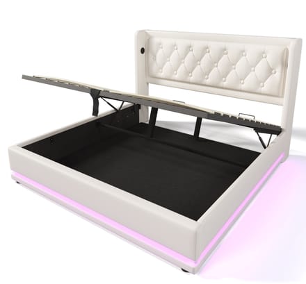 COVREO Bedframe 160x200 cm wit PU, met LED, USB-C en hoofdbord, zonder matras