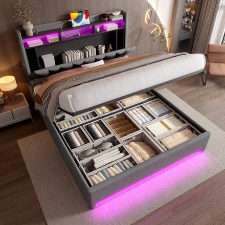 Bedframe - 140x200 cm - Modern met LED - USB-C en Opbergruimte - Gestoffeerd - Grijs