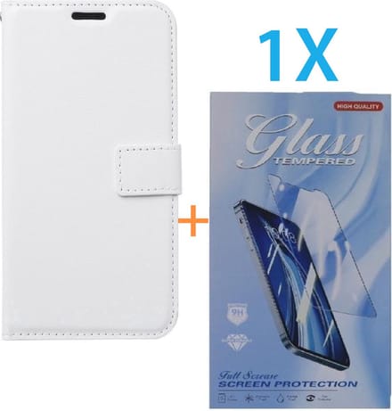 Bookcase Geschikt voor: Apple iPhone 16 Pro Max - Wit - portemonnee hoesje - + 1X Tempered Glass Screenprotector