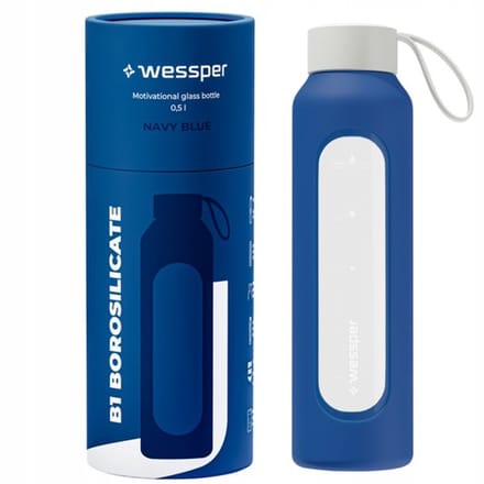 Glazen Motivatiefles 500ml – Duurzame Waterfles in NAVY BLUE