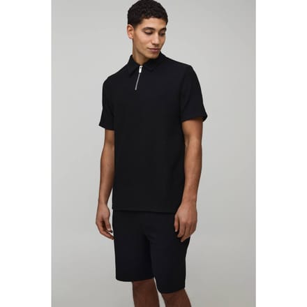 Slim Fit Geribbelde Jersey Polo & Shorts Set | Black | Size Large