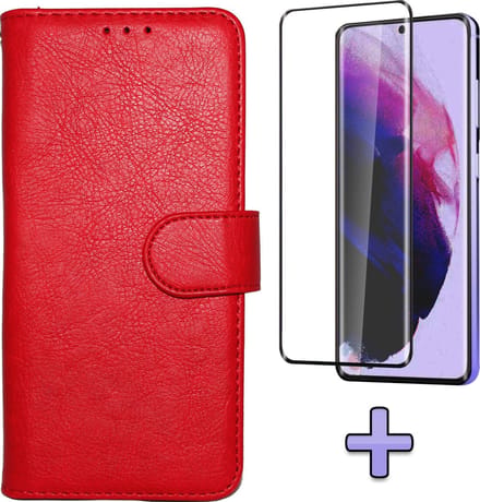 HB Hoesje Geschikt voor Samsung Galaxy S21 Plus - Rood + Volledige Display Screenprotector - Luxe Kunstlederen Portemonnee Book Case