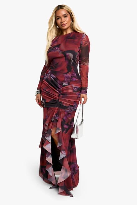 boohoo Dames Plus Floral Mesh Ruffle Ruched Maxi Jurk | Rood | Maat: 48