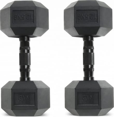 Gym Masters Dumbbells 12,5 kg Set (2 stuks) – Hexagon Rubber Dumbbells – Zwart
